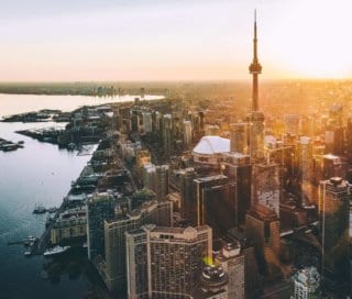 The Toronto skyline during golden hour. Toronto is a top international jobs destination.